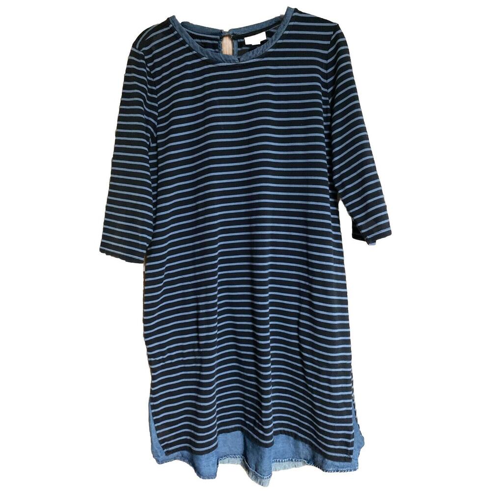 J Jill Shift Dress Blue Stripes W/Denim Trim, 3/4 Sleeves, Cotton, Size Large